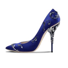Pointed Toe Stiletto Flower Leaf Heels Elegant Silk Fabric Pumps - Blue Silk