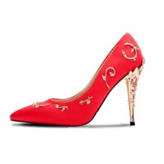 Pointed Toe Stiletto Flower Leaf Heels Elegant Silk Fabric Pumps - Red Silk