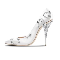 Pointed Toe Stiletto Flower Leaf Heels Elegant Silk Fabric Pumps - White Silk
