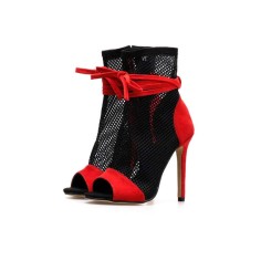 Peep Toe Air Mesh Ankle Stiletto Heels Lace Up with Side Zipper Summer Boots - Red
