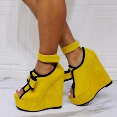 Peep Toe Ankle Buckle Straps Ribbon Platforms Wedges - Yellow