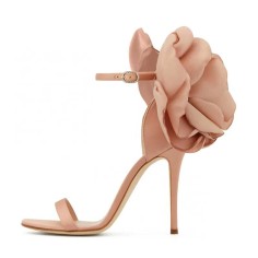 Peep Toe Rose Flower Decorated Ankle Buckle Straps Stiletto Heels Rhinestones Sandals - Beige Satin Silk