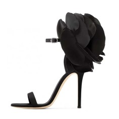 Peep Toe Rose Flower Decorated Ankle Buckle Straps Stiletto Heels Rhinestones Sandals - Black Satin Silk