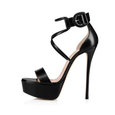 Italian Heels Peep Toe Cross-tied Ankle Buckle Strap Platform Pumps - Black Faux Leather