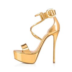 Italian Heels Peep Toe Cross-tied Ankle Buckle Strap Platform Pumps - Gold Patent