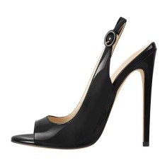 Peep Toe Stiletto Heels Slingback Sandals - Black Patent