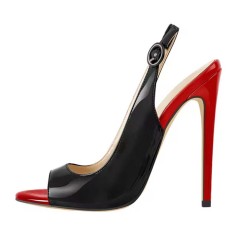 Peep Toe Stiletto Heels Slingback Sandals - Black Red Patent