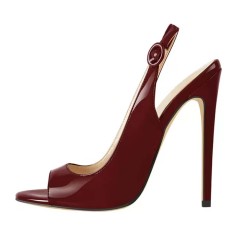 Peep Toe Stiletto Heels Slingback Sandals - Burgundy Patent