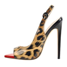 Peep Toe Stiletto Heels Slingback Leopard Sandals - Tan Patent