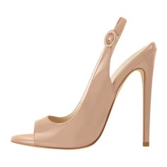 Peep Toe Stiletto Heels Slingback Sandals - Tan Patent