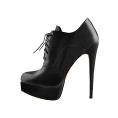 Italian Heel Round Toe Platform Lace Up Matt Booties - Black