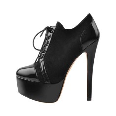 Italian Heel Round Toe Platform Lace Up Suede Patent Booties - Black