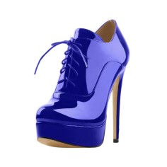 Italian Heel Round Toe Platform Lace Up Patent Booties - Blue
