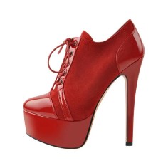Italian Heel Round Toe Platform Lace Up Suede Patent Booties - Red