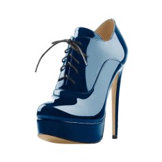 Italian Heel Round Toe Platform Lace Up Patent Booties - SteelBlue