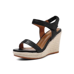 Peep Toe Platforms Hook and Loop Stitch Decorated Wedges Sandals - Black