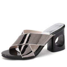 Peep Toe Chunky Heels Cross Straps Mules Sandals - Coffee Black