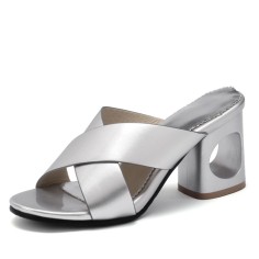 Peep Toe Chunky Heels Cross Straps Mules Sandals - Silver