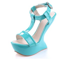Peep Toe Ankle Buckle T Straps Heelles Platforms Sandals - Blue Patent