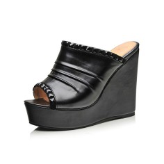 Peep Toe Platforms Crystal Decorated Wedges Summer Slip On Sandals - Black