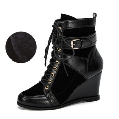 Round Toe Buckle Straps Decorated Side Zipper Lace Up Wedges Autumn Boots - Black