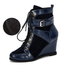 Round Toe Buckle Straps Decorated Side Zipper Lace Up Wedges Autumn Boots - Blue