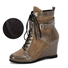 Round Toe Buckle Straps Decorated Side Zipper Lace Up Wedges Autumn Boots - Gray