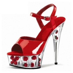 Crystal Toe Flower Base Cone Heel Summer Shoes - Red with Red Flowers