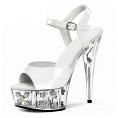 Crystal Toe Flower Base Cone Heel Summer Shoes - White with White Flowers