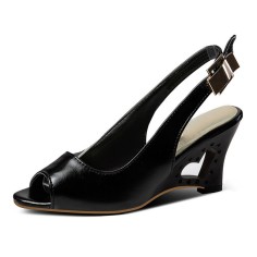 Peep Toe Back Straps Sweet Heart Wedges Sandals - Black