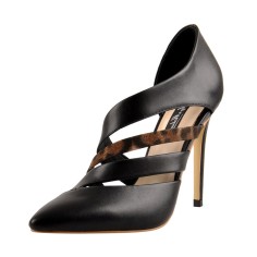 Pointed Toe Stiletto Heels Cut Out Matte Leopard Pumps - Black
