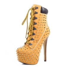 Round Toe Stiletto Heels Lace Up Platforms Ankle Highs Punk Booties - Yellow