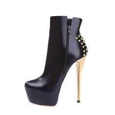 Round Toe Golden Rivets with Stiletto Heels Side Zipper Platforms Ankle Highs Punk Booties - Black
