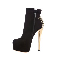 Round Toe Golden Rivets with Stiletto Heels Side Zipper Platforms Ankle Highs Punk Booties - Black Flock