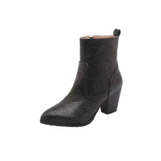 Chunky Heels Pointed Toe Snake Print Ankle Boots with Side Zipper - Black