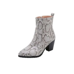 Chunky Heels Pointed Toe Snake Print Ankle Boots with Side Zipper - Gray
