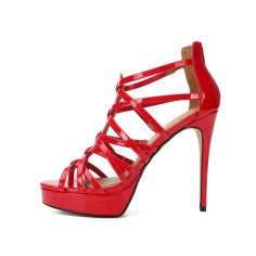 Stiletto Heels Ankle Straps Fretwork Patent Back Zipper Pumps - Red