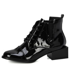 Round Toe Strange Block Heels Lace Up Ankle High Chelsea Boots - Black