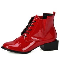 Round Toe Strange Block Heels Lace Up Ankle High Chelsea Boots - Red