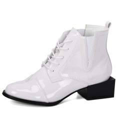 Round Toe Strange Block Heels Lace Up Ankle High Chelsea Boots - White
