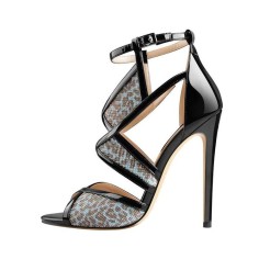 Stiletto Heels Peep Toe Ankle Straps Leopard Mesh Pumps Sandals - Black SkyBlue