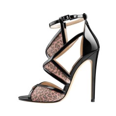 Stiletto Heels Peep Toe Ankle Straps Leopard Mesh Pumps Sandals - Black LightPink
