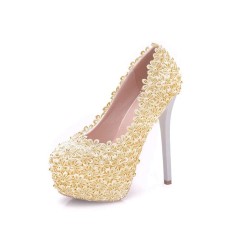 Round Toe Floral Lace Covered Stiletto Heels Platforms Pumps - Beige