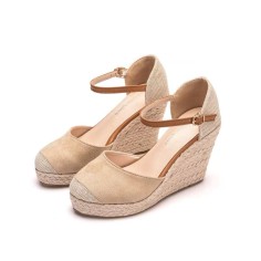 Slope Round Toe Buckle Straps Wedges Heels Platforms Sandals - Beige