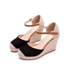 Slope Round Toe Buckle Straps Wedges Heels Platforms Sandals - Black