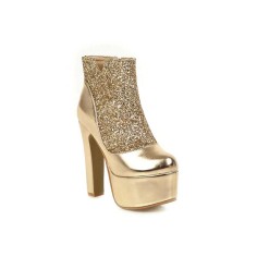 Chunky Heels Round Toe Platforms Sequiny Shiny Ankle Boots - Gold