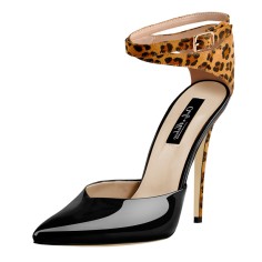 Pointed Toe Ankle Buckle Straps Leopard Pattern Stilettos Pumps Sandals - Black