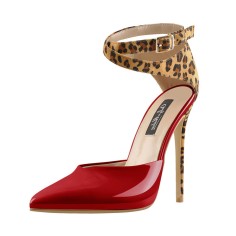 Pointed Toe Ankle Buckle Straps Leopard Pattern Stilettos Pumps Sandals - Red