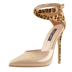 Pointed Toe Ankle Buckle Straps Leopard Pattern Stilettos Pumps Sandals - Tan