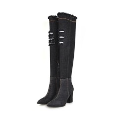 Pointed Toe Chunky Heels Over the Knee Denim Boots - Black